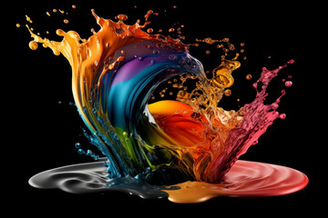Abstract multi color paint explosion with splashes on black background. AI Generative