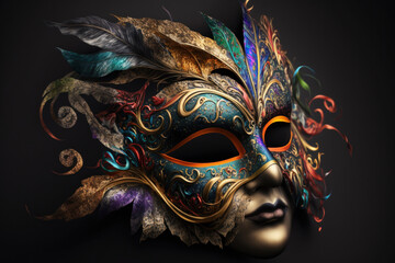 Realistic luxury multicolored carnival mask with feathers, Generative AI