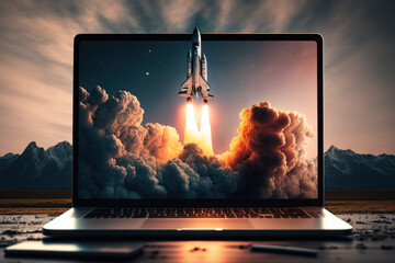 Launching space rocket from laptop screen, Generative AI