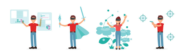 Man and Woman Character in Augmented Reality Glasses Playing Game Vector Illustration Set