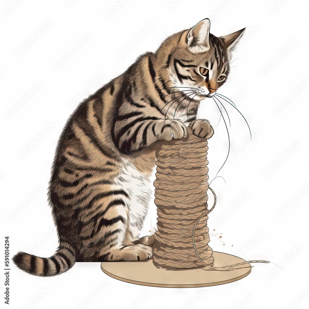 Poster a drawing of a cat playing with a stack of rope. generative ai