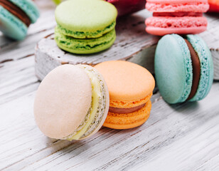 French macaroons. coffee, chocolate, vanilla and raspberry macaroons