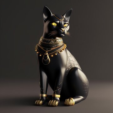  A Black Cat Wearing A Gold Collar And A Gold Chain.  Generative Ai