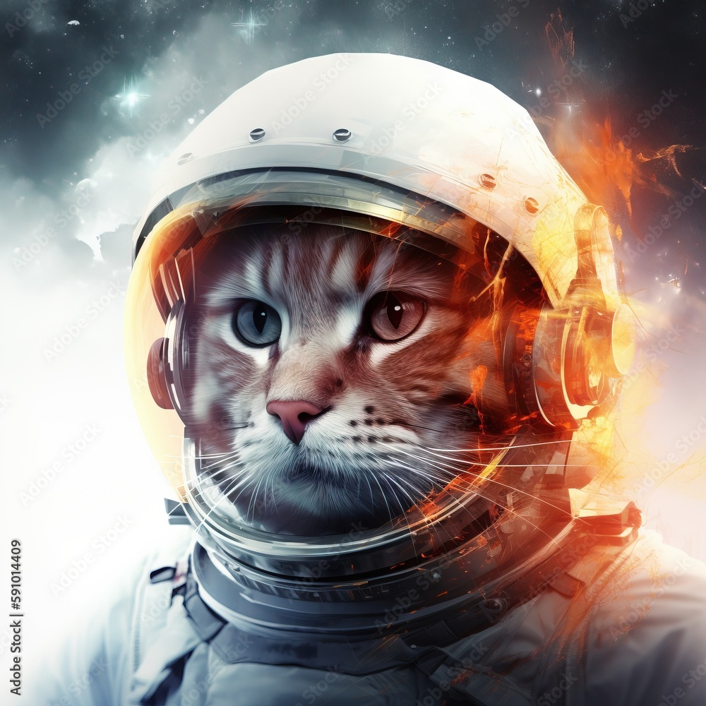 Poster a cat in a space suit with a helmet on its head. generative ai