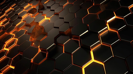 Black blue and orange hexagons background. 3d background generative ai
