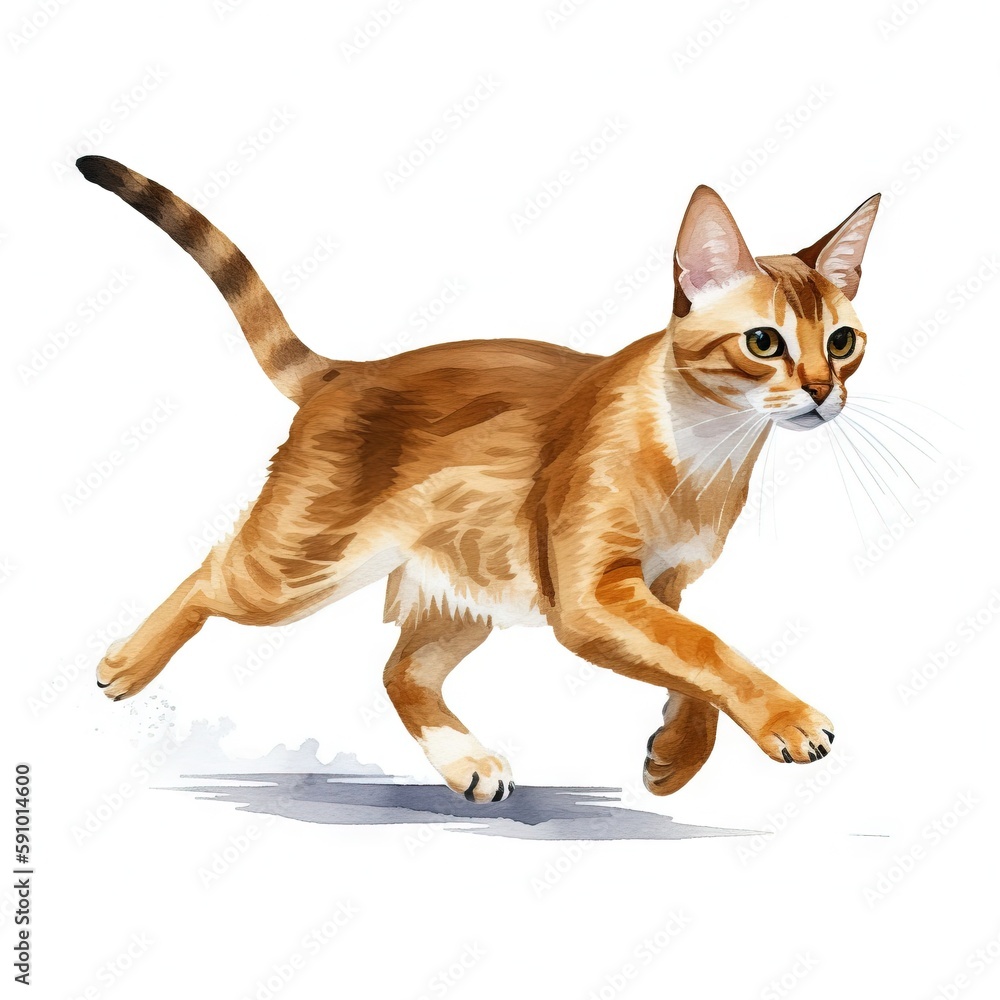 Poster a cat is running on a white background with a shadow. generative ai