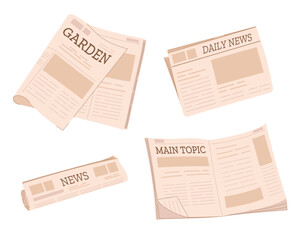 Set of newspapers isolated on white background. Modern news publications. Newspapers folded in half, open newspaper.