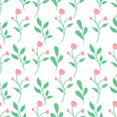 Floral seamless pattern. Pink roses and green leaves vector illustration isolated on white background.