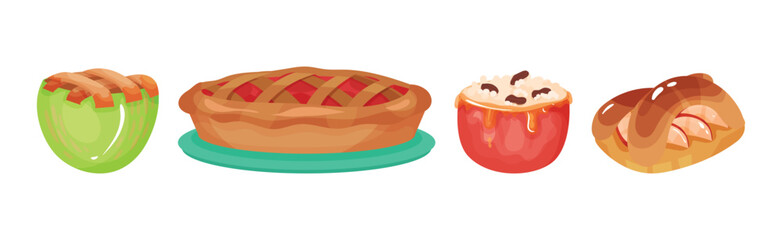 Desserts with Apple Like Bun, Porridge and Apple Pie Vector Set