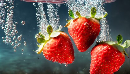 Three strawberries under water. The image represents freshness and health. Space for text. Copy...