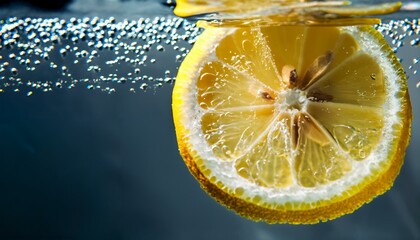 A slice of Lemon under water. The image represents freshness and health. Place for text. Copy...