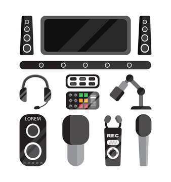 music studio tools. sound equipment for recording studio microphones speakers headsets. Vector flat icon set