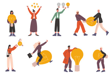 Cartoon people with idea bulb. Searching solution. Funny men and women with big burning lamps. Problem solving or creativity. Inspiration and innovation. Persons brainstorm vector set
