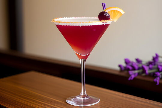 Kir royal low abv cocktail in a flute glass garnished with lavender