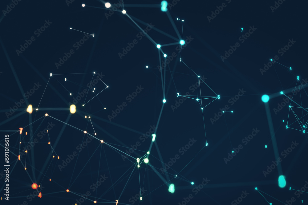 Poster Glowing polygonal coding mesh on blue backdrop. Technology and pattern concept. 3D Rendering.