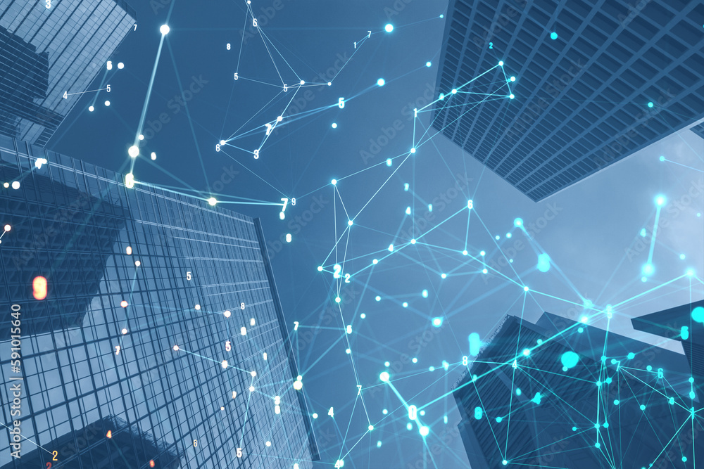 Poster glowing polygonal coding mesh on blurry city wallpaper. technology and pattern concept. double expos
