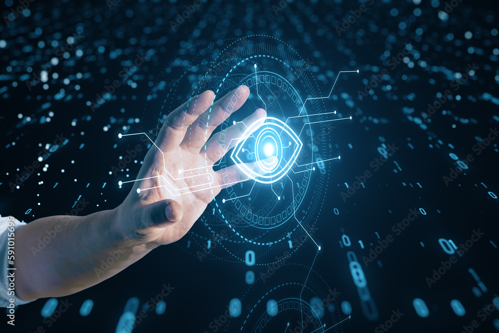Poster close up of male hand holding cyber spy technology hologram, virtual eye of internet control surveil