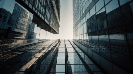 Fototapeta na wymiar Dramatic Skyscraper Reflections in Glass Building, AI Generated