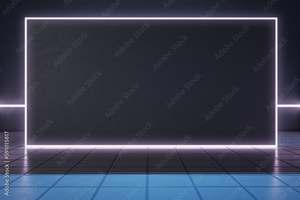 Aufkleber Abstract interior with blank poster, tile floor and empty mock up place. 3D Rendering.