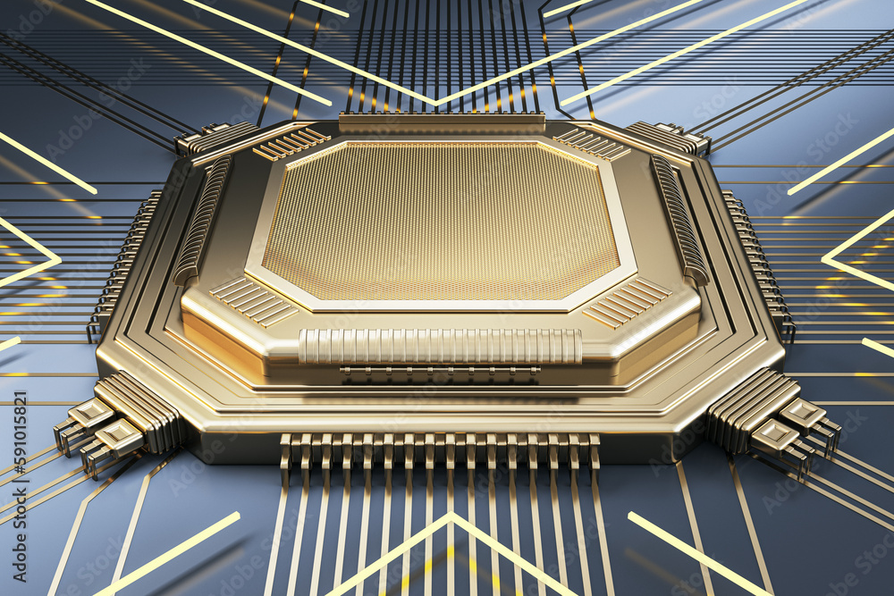 Poster Abstract blank golden chip on metal background with lines. Mock up place. Technology and motherboard, computer and hardware concept. 3D Rendering.