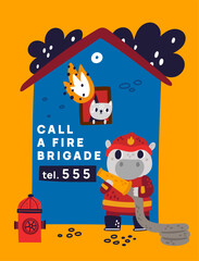 Firefighters card. Cartoon animals extinguish burning house. Hippo rescuing cat. Home in fire. Hippopotamus in with hydrant hose. Professional uniform. Vector educational poster design