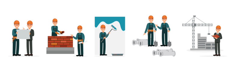 Man Engineer and Builder Working on Construction Site Vector Illustration Set