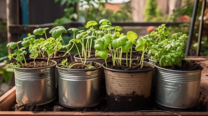 Vegetable Seedlings in Upcycled Tin Cans in Sunny Garden, AI Generated