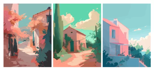 Poster Summer Italy village with narrow streets, old houses. Tuscany landscape posters. Vectorised illustration set for social, banner or card. © Maksim Kostenko