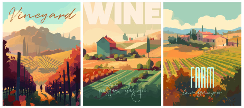 Vineyard farm landscape flat colors typography posters. Wine and grape. Vector illustration for social, banner or card.