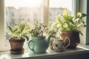 Recycled Mug and Teapot Houseplants in Sunny Window, AI Generated