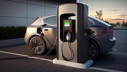 Fototapeta na wymiar EV electric car plugged charging at standalone station