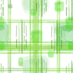 Seamless watercolor pattern with a green checkered line and squares on a white background. Abstract texture. Tartan.