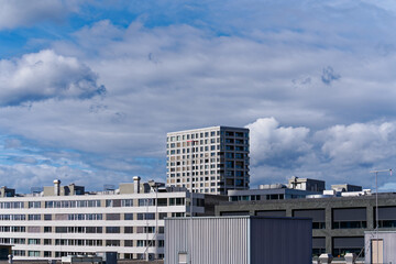 Scenic view of skyline of Industrial district of City of Z&uuml;rich on a blue cloudy winter noon. Photo taken March 9th, 2023, Zurich, Switzerland.