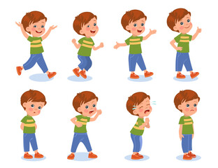 Funny boy expressions. Little hild with different emotions. Cheerful or upset teenager. Cartoon kids poses. Positive and negative states. Laughing and crying teen. Splendid vector set