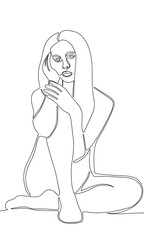One line continuous beautiful young woman vector illustration. Line art sitting woman.