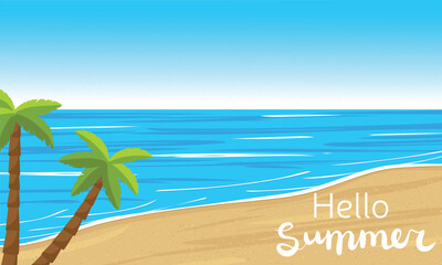 Summer scene, beach, ocean, sea, palm tree. Hello summer on landscape background.