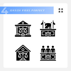 State institutions of law pixel perfect black glyph icons set on white space. Government court institution. Legal protection. Silhouette symbols. Solid pictogram pack. Vector isolated illustration