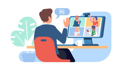 Guy is communicating with group of colleagues participating in video conference. Man sitting at table. Remote communication at home or office. Digital internet technology. Vector concept