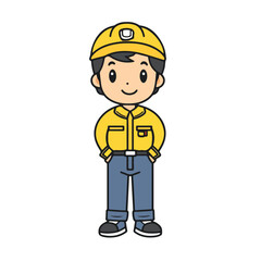 Mascot of cute boy mechanic engine repairman wearing uniform, helmet, and cap. Cartoon flat character vector illustration