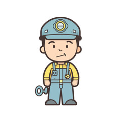 Mascot of cute boy mechanic engine repairman wearing uniform, helmet, and cap. Cartoon flat character vector illustration