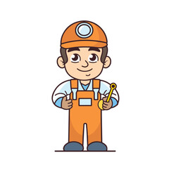 Obraz na płótnie Canvas Mascot of cute boy mechanic engine repairman wearing uniform, helmet, and cap. Cartoon flat character vector illustration