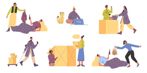 Homeless people help. Volunteers work with disadvantaged men and women. Food distribution to hungry person. Public charity. Vagabond begging for alms. Humanitarian support vector set