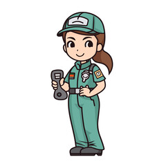 Mascot of cute girl mechanic engine repair woman wearing uniform, helmet, and cap. Cartoon flat character vector illustration