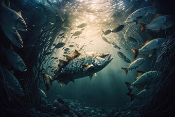 underwater view of fish swimming through the depths of a messy ocean coast, created with generative ai