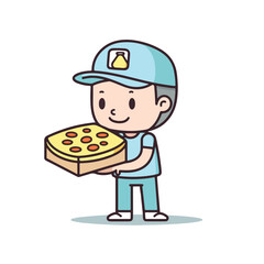 Mascot of cute pizza delivery boy holding pizza box. Cartoon flat character vector illustration