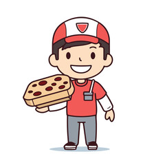 Mascot of cute pizza delivery boy holding pizza box. Cartoon flat character vector illustration