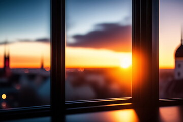 sunset sun  flares on windows glass frame view on old town at summer evening  generated ai