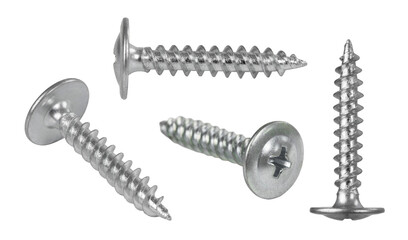 screws and self-tapping screws made of white metal, isolate on a white background, space for text