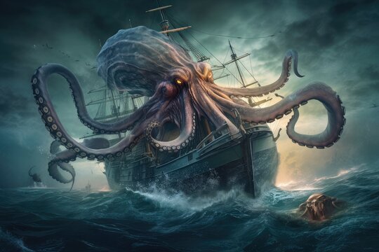 octopus kraken battling otherworldly monster in the depths of the ocean, created with generative ai