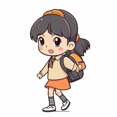 Mascot of little girl with bag backpack go to school. Cartoon flat character vector illustration